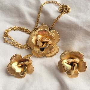 Gold Floral Statement Necklace and Clip-On Earrings Set